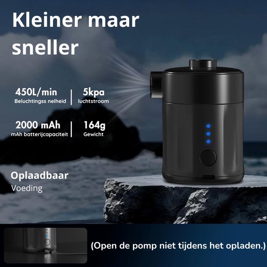 Draagbare elektrische luchtpomp voor opblaasartikelen, oplaadbare luchtpomp voor luchtmatrassen - compacte 2-in-1 mini pomp met 4 mondstukken en opbergzak, geschikt voor matrassen en zwembaden. van Merkloos — afbeelding 4