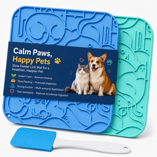 Tapis de léchage bleus et verts pour chiens avec illustration de chien et chat, spatule incluse.