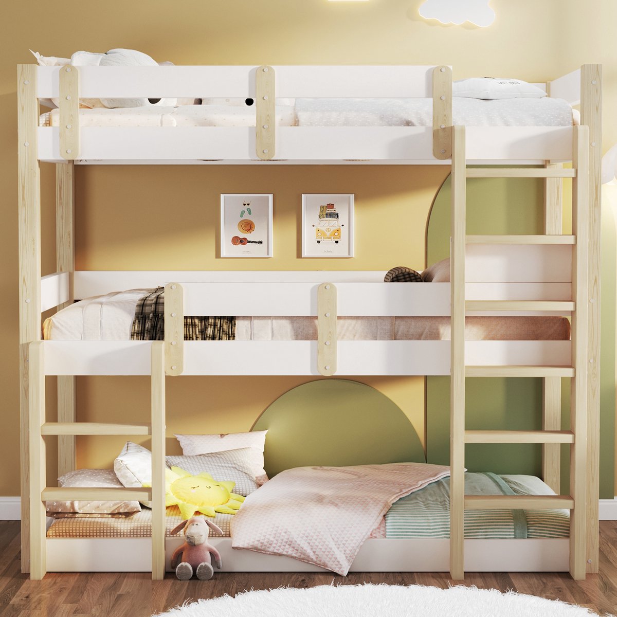 VVBV Stapelbed 90x190 – Wit – 3-Persoons – Voor Kinderen en Tieners – Zonder Matras – Ladder – Hout – Veiligheidshek – Kinderstapelbed White+Natural