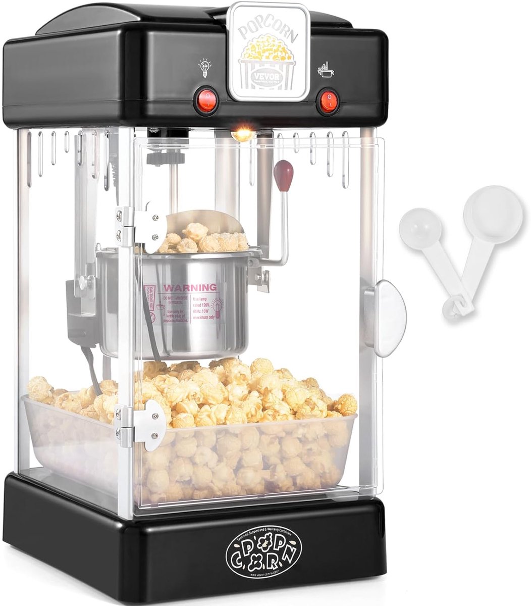 Popcornmachine - Elektrische Popcornmachine 300W - Popcorn Maker Bioscoopstijl voor Thuis & Feestjes - Retro Toonbank Popcornmachine - Maakt 3.8L per Keer - Inclusief Dienblad & 2 Lepels - Compact Popcorn Apparaat - Zwart