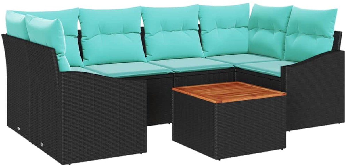 vidaXL - Tuinbank - Set - met - kussen - 7 - pcs - Zwart - poly - rattan