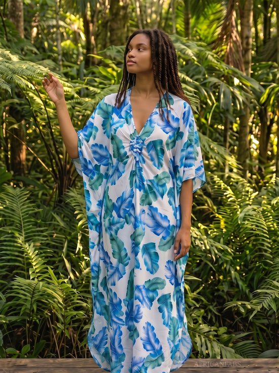 Robe caftan bohème en rayonne - Feuilles d'île bleues et blanches - Robe longue caftan de plage