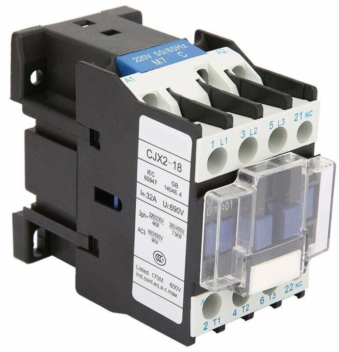 18A industriële elektrische contactor – 220V wisselstroom – 3-polig – zeer gevoelige zilver-wolfraamlegering – DIN-railmontage – CJX2-1801