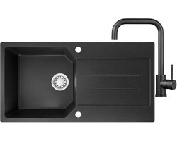 Anycee max Granieten spoelbakken (86x45CM) - Spoelbak Keuken Met Keukenkraan - Wasbak Keuken Met Waterafvoersysteem en Afdruiprek - Zwart
