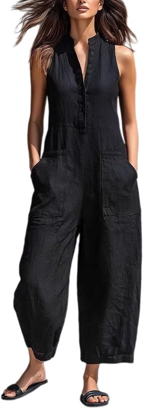 Damesjumpsuit - Mouwloze zomerjumpsuit met wijde pijpen - Stijlvolle casual jumpsuit met knoopsluiting en losse pasvorm - Met zakken - Zwart - Maat S