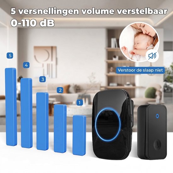 『Geen batterij nodig』Draadloze deurbel met 1 ontvangen - Deurbel draadloos - Zonder batterijen- Draadloos deurbel - Slim Deurbel - Draadloos -Deurbelset - Waterdicht IP44- Zwart- 60 melodieen — afbeelding 2
