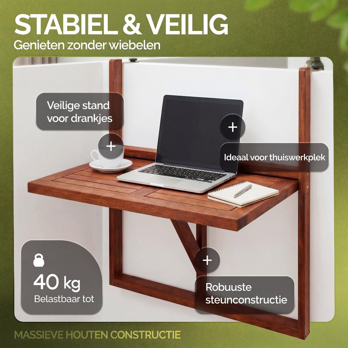 Casaria Balkontafel Hangend – 64 x 45 x 87 cm – FSC® Acaciahout – Bruin thumbnail 3