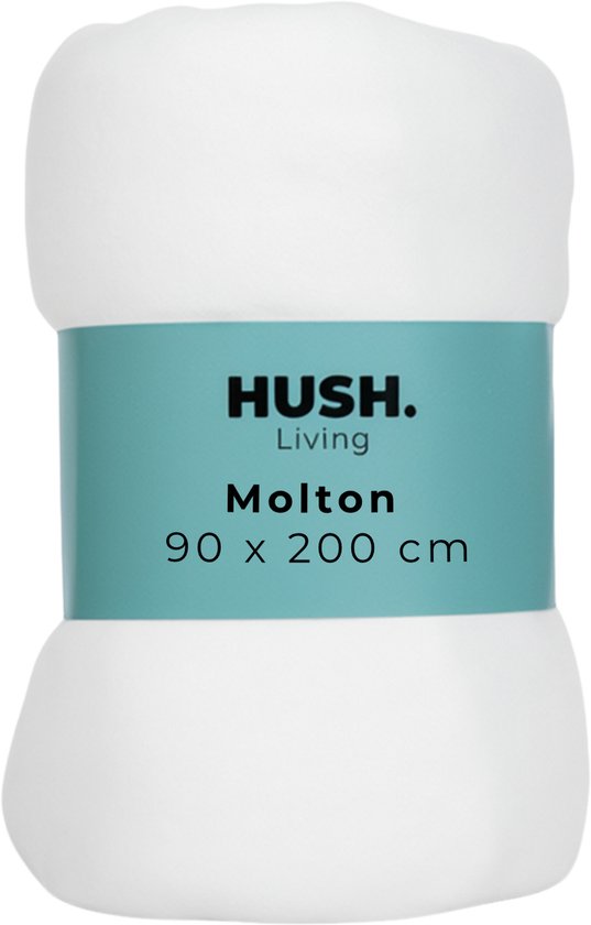 Opgerolde witte HUSH. Living Molton matrasbeschermer (90 x 200 cm) met een teal label.