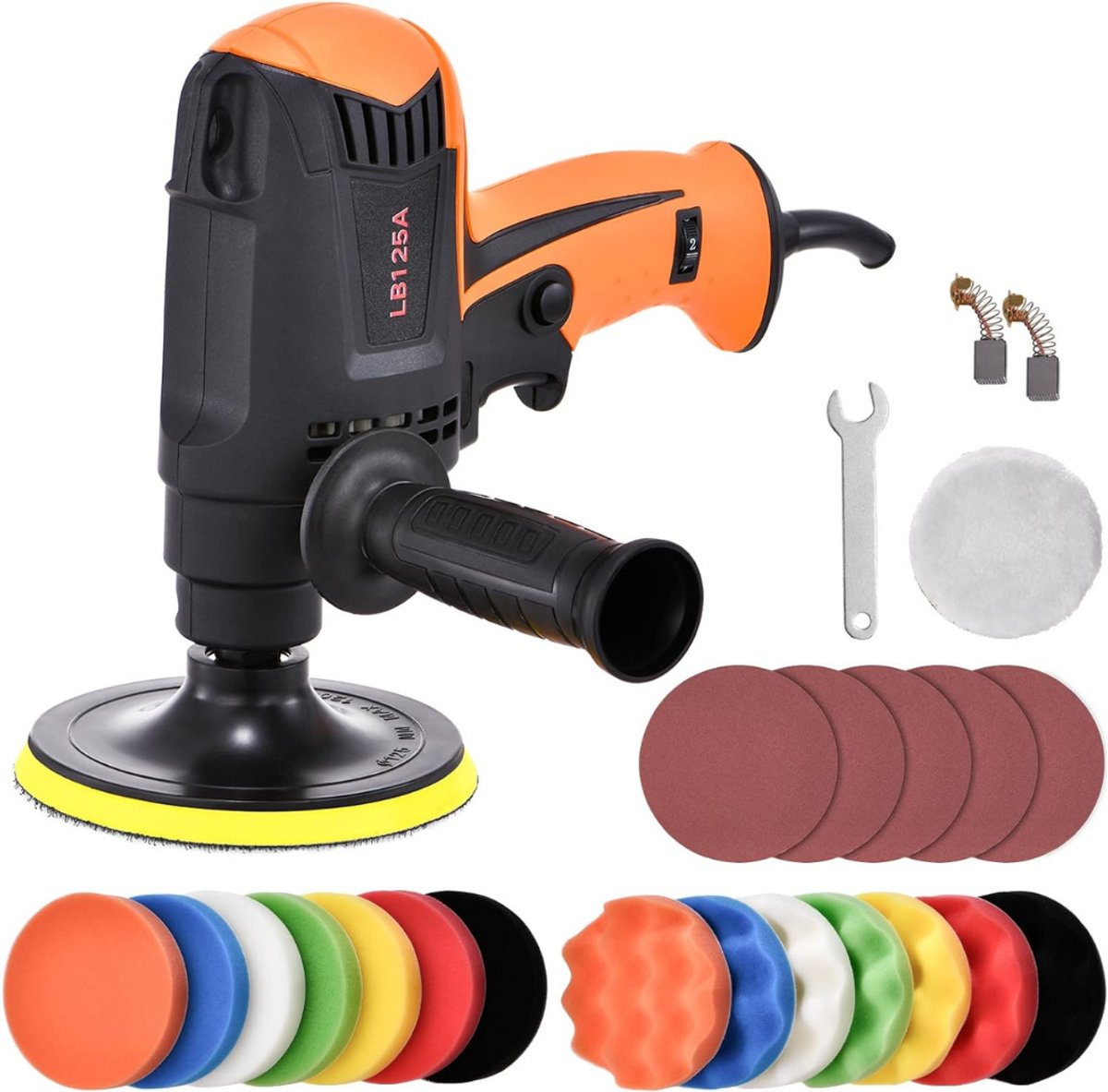 TIM® Polijstmachine - Poetsmachine Auto Met 6 Snelheden - Polijstschijven - Poliermachine – Polijstmachines – Polijst Set met 14-delige polijstsponzen + 11 accessoires - Zwart/Oranje - 21cm x 21cm x 21cm