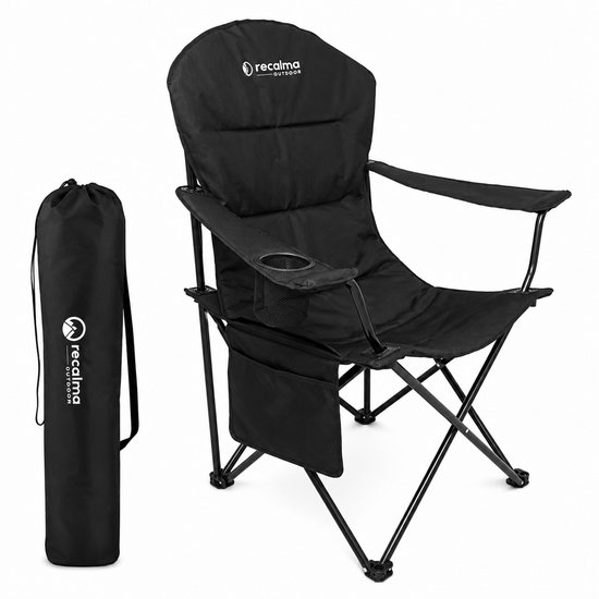 Recalma Campingstoel XXL - Opvouwbaar – Hoge Rugleuning & Neksteun – Bekerhouder & Opbergvak – 120 kg – Visstoel Klapstoel – Incl. Draagtas – Zwart