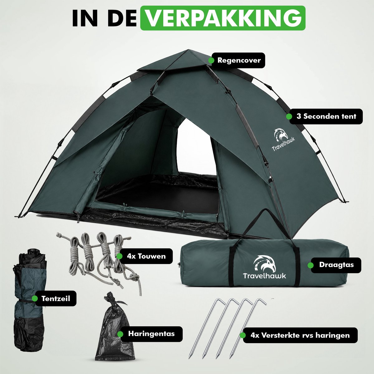 Travelhawk Pop Up Tent - 2-3 Persoons - Tent - Waterdicht - In 3 Seconden Opgezet - Groen – foto 8