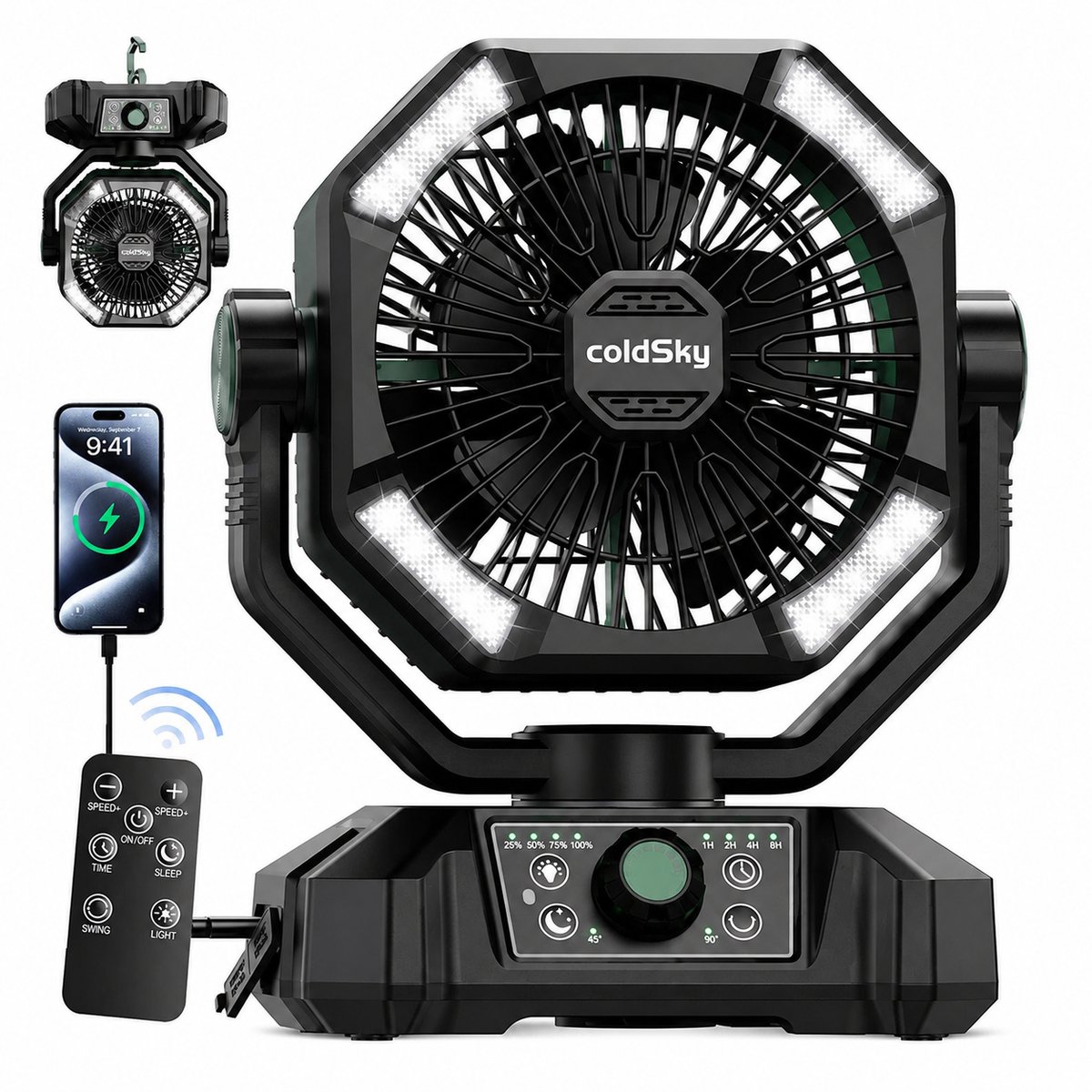 ITRONIQ Ventilator Op Batterij 20000 mAh – Camping Ventilator Met LED Verlichting – Draadloos en Oplaadbaar - Zwart Groen