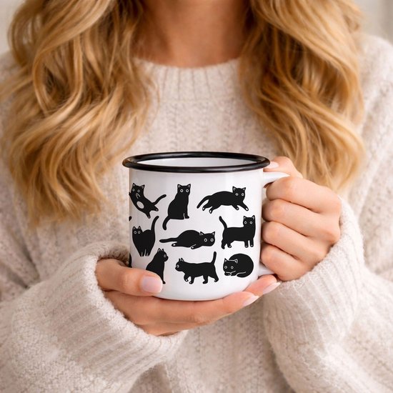 Creasowl® Zwarte Kattenmok Enamel - Stijlvolle Mok met Kattenprint - Duurzaam en Lichtgewicht - Perfect voor Koffie en Thee — afbeelding 2