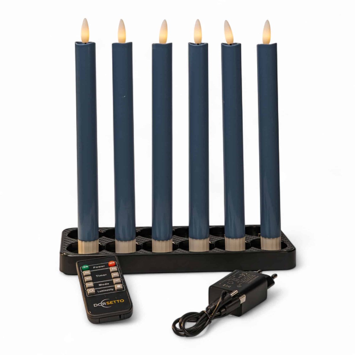 LED dinerkaarsen blauw 250 mm, oplaadbaar, tot 400 uur brandduur, set van 6