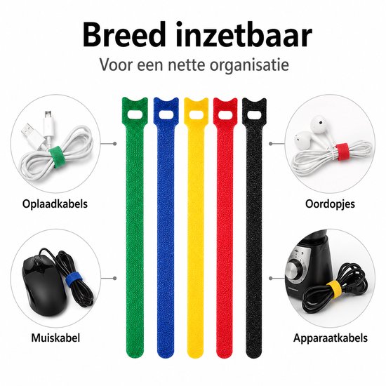 Vijf kabelbinders in groen, blauw, geel, rood en zwart, die worden gebruikt voor het organiseren van oplaadkabels, oordopjes, muiskabels en apparaatkabels.