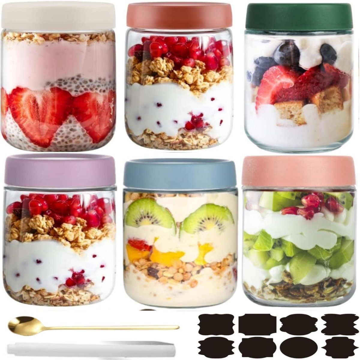 SNJY® Overnight Oats Potjes - Glazen Potjes met Deksel - Mason Jar - Weckpot - 6 Stuks van 500ml - Doorzichtig