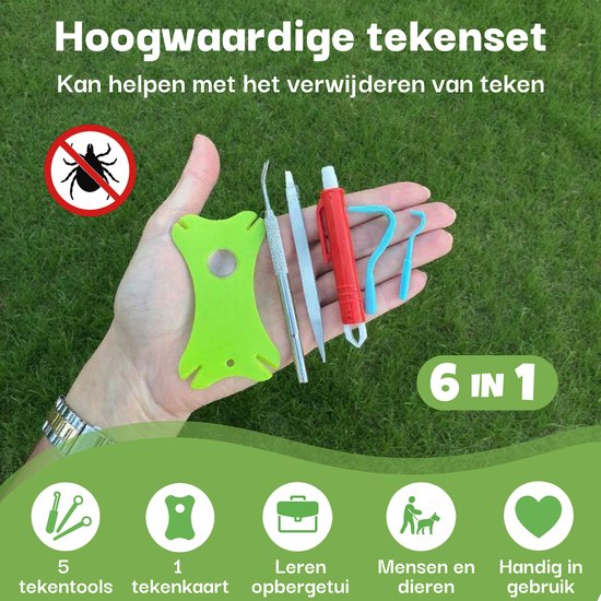 Hoogwaardige 6-in-1 tekenset in een hand. Met tools, een teek icoon en tekst '6 IN 1'.