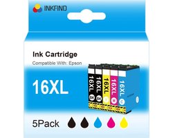 INKFIND 16XL Inktcartridge voor Epson16 Epson16XL Epson 16XL Epson1631 1632 1633 1634 Multipack van 5 stuks Geschikt voor Epson Workforce WF-2010W, WF-2510WF, WF-2520NF, WF-2530WF, WF-2540WF, WF-2630WF, WF-2650WF, WF-2660WF, WF-2750DWF, WF-2760DWF