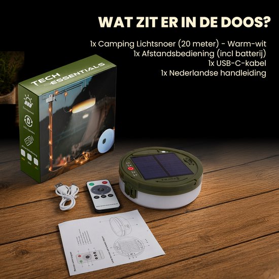 Inhoud doos: 20m warm-wit kampeersnoer, afstandsbediening met batterij, USB-C kabel, Nederlandse handleiding.