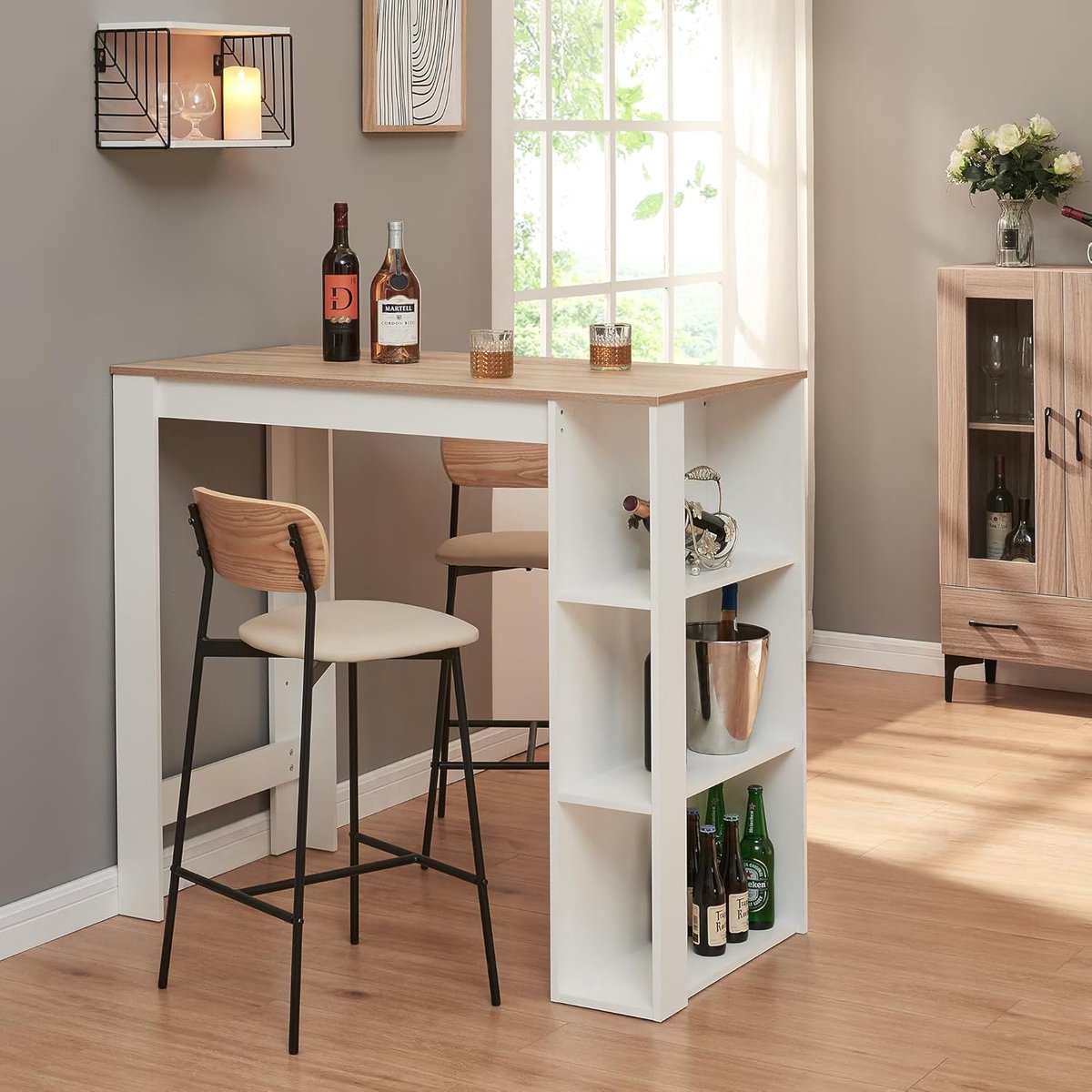 NordicBar Danderyd Bartafel met Opbergrek 120x60x106 cm – Hoge Keukentafel met 3 Open Opbergvakken in Eikenhout & Wit voor Keuken, Woonkamer en Eethoek