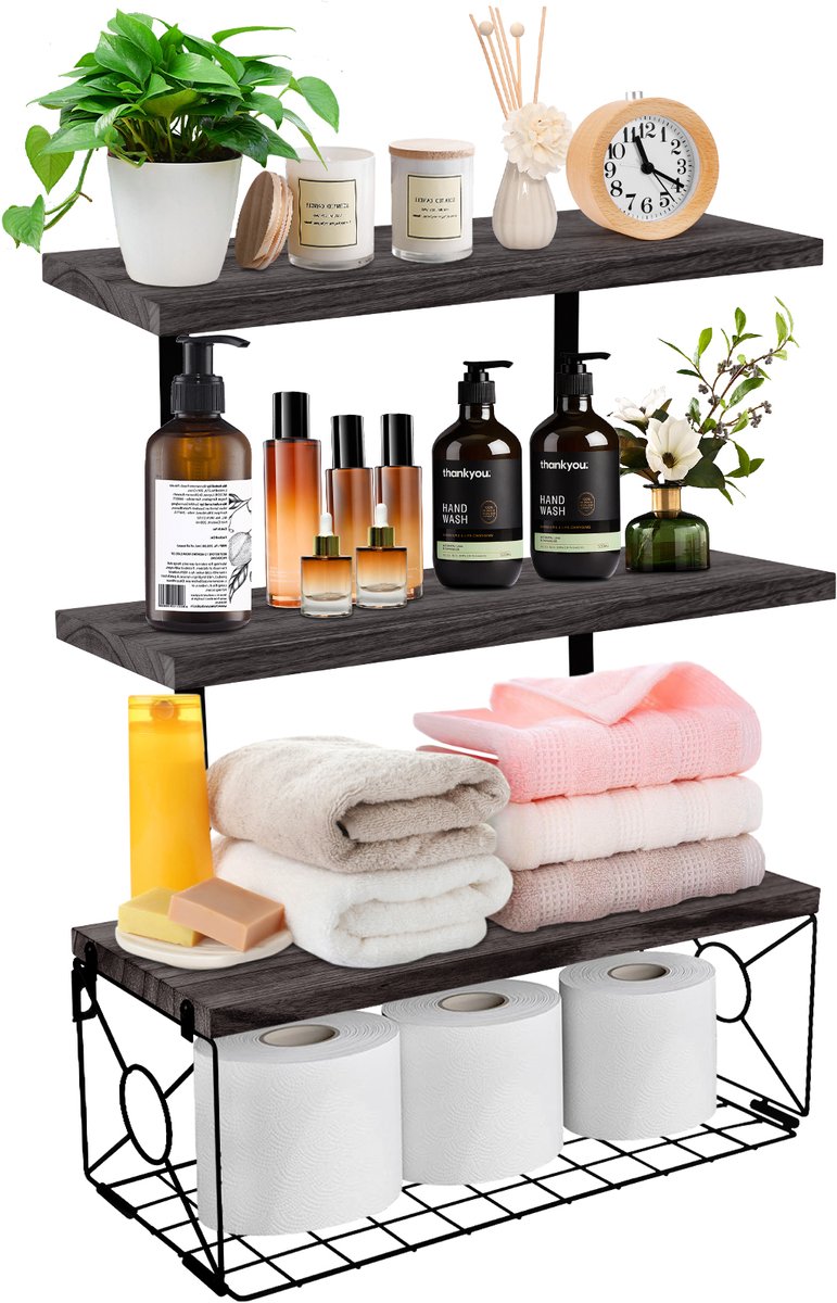 Lemlit Wandplanken Set 3 stuks - Keukenrek en Badkamerplank - Wandrek met Opbergmand voor Keuken Badkamer Woonkamer - Zwart