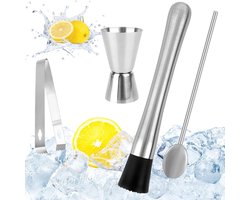 TIM® IJscrusher - Roestvrijstalen Cocktail Stamper met Cocktaillepel - Barman Set - Mojito Stamper - IJsvergruizer - Stamper - Shaker met Maatbeker - Bar Accessoires voor Keuken - Restaurant - Zilver- 22cm x 15cm x 4cm