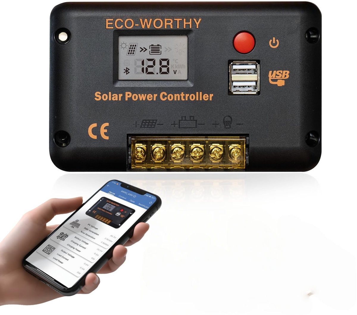 carmdering - Zonne-energie Laadcontroller - 30A PWM Controller - Bluetooth Solar Controller - 12V/24V, LCD display, dubbele USB - Voor lood, gel en LiFePO4 batterijen - App bediening, bereik 30 m - Met kortsluiting en overbelasting beveiliging
