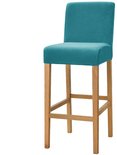 Turquoise fluwelen barkruk met houten poten.