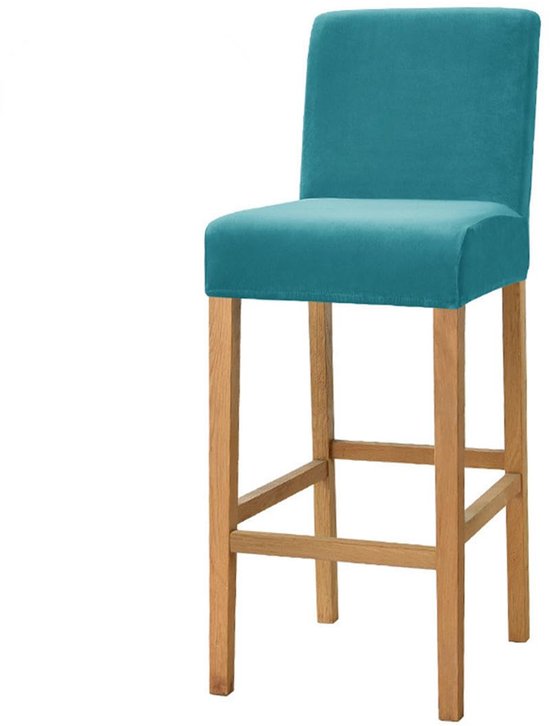 Turquoise fluwelen barkruk met houten poten.