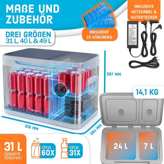 KESSER® Compressor Koelbox 2in1 Dubbele Zone Koeler & Vriezer, Elektrische Vriesbox LED Touch Control 12/24 V 230V, Frigobox Koelen tot -20 °C voor Auto, Vrachtwagen, Kamperen - 31 Liter, Marineblauw / Lichtgrijs van KESSER — afbeelding 2