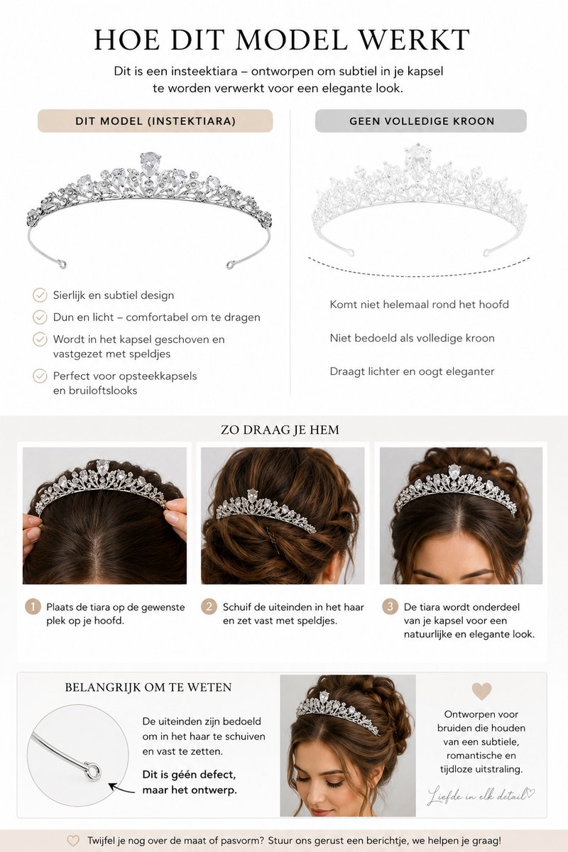 Bruid Tiara Insteekmodel Zilver met Bergkristallen – Elegante Haar Kroon voor Bruiloft — afbeelding 2