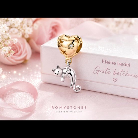 RomyStones – Kattenbedel – 925 Sterling Zilver – Goudkleur Hart