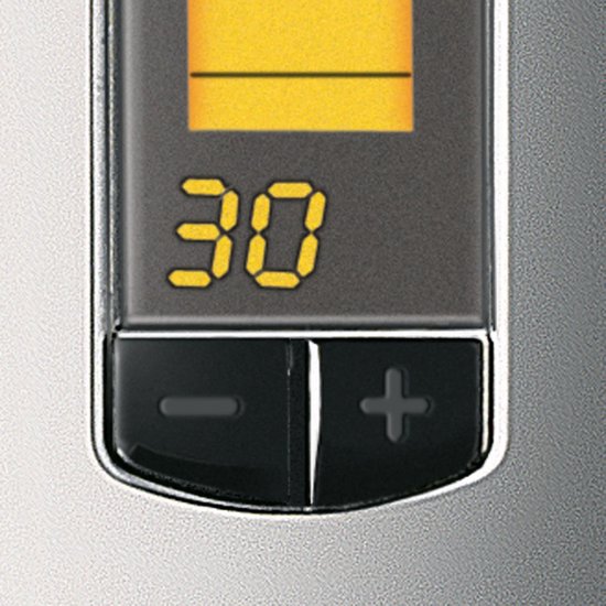 Close-up van het temperatuurdisplay van de Philips PerfectDraft, met de knoppen - en +.