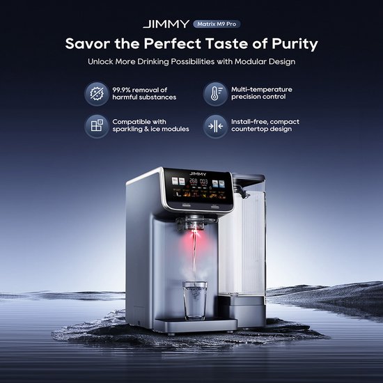Een zilverkleurige Matrix M9 Pro waterdispenser met een rode straal water die in een glas valt.