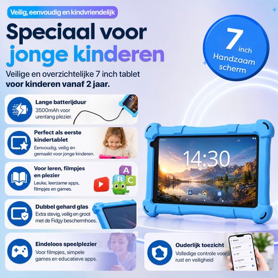 AngelTech Kindertablet SLIM, 7 inch, blauw, met lange batterijduur en kindvriendelijk ontwerp.