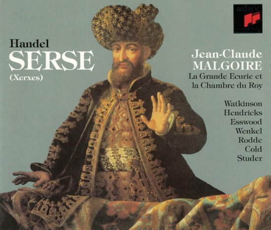Cover van de opera Serse (Xerxes) van Handel, met een schilderij van een man in Ottomaanse kledij, gezeten met zijn hand opgeheven.