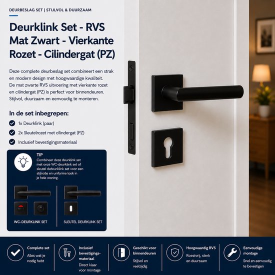 Deurklink set in mat zwart met vierkante rozet en cilindergat (PZ). Inclusief montageonderdelen.