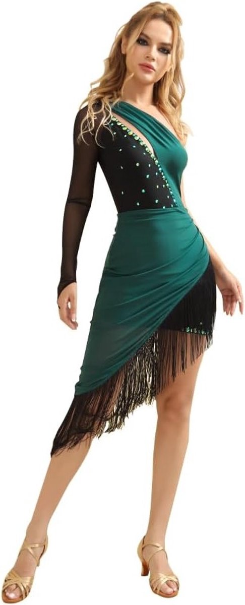 Tassels Latin Dance Dress voor Dames met Strass, Perfect voor Salsa, Rumba en Samba Dansen, Groene Tango Outfit voor Vrouwen