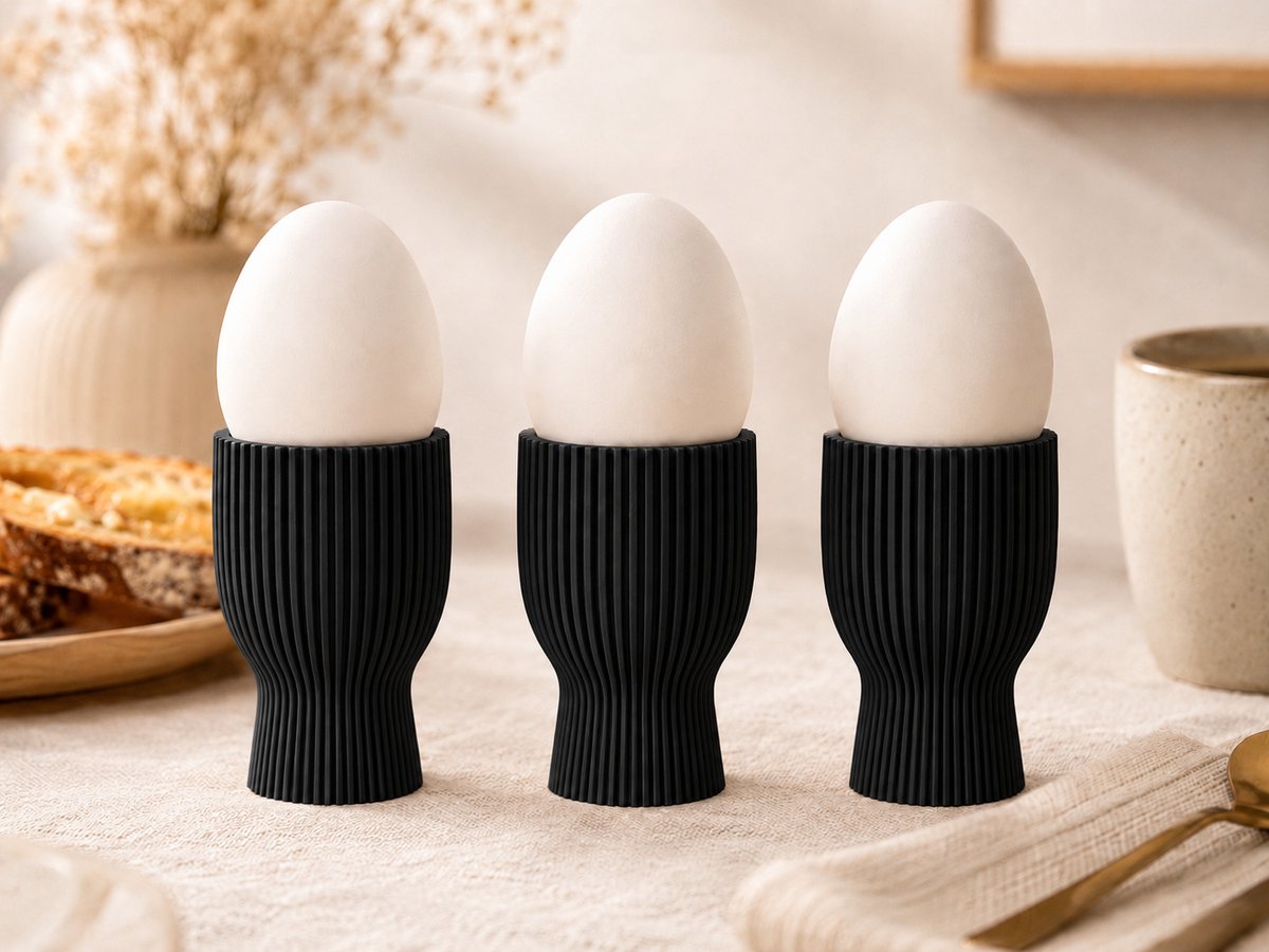 Skushy Eierhouder Cup - Eierdopje met Ribbel Design - Staande Eierbeker - Moderne Ontbijt Decoratie - 3 Stuks - Zwart