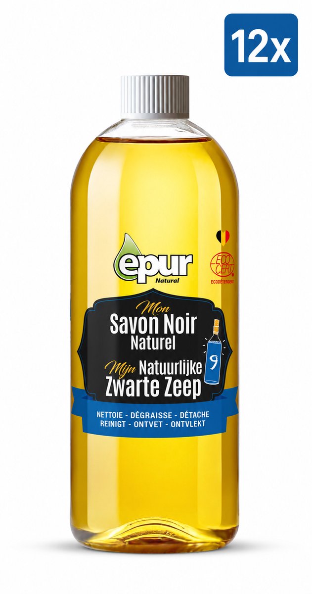EPUR Natuurlijke Zwarte Zeep 750 ml - Set van 12 Flessen - Ecocert Gecertificeerd Savon Noir - Multifunctionele Ecologische Reiniger voor Vloer Tegels en Tuin - Ontvettend