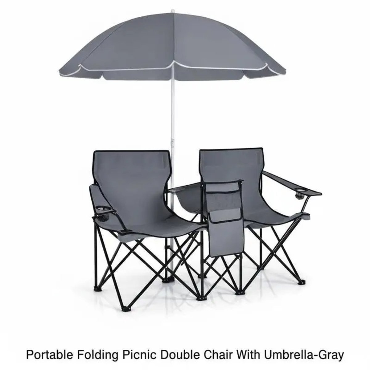 HomeGoodies - Dubbele campingstoel opvouwbaar - Verstelbare parasol - Roestvrij stalen frame - Waterdicht - Strand & patio - Grijs