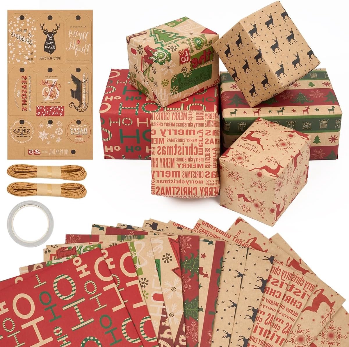 Kerstcadeau inpakken met 12 vellen gerecycled kraftpapier 70x50cm, inclusief labels en touw voor een duurzame feestverpakking