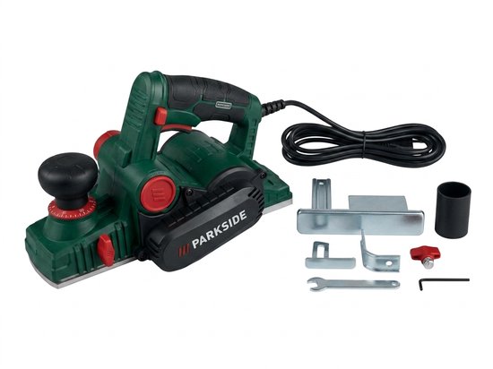 Parkside elektrische schaaf met groene en zwarte behuizing, rode accenten. Inclusief accessoires en koffer.