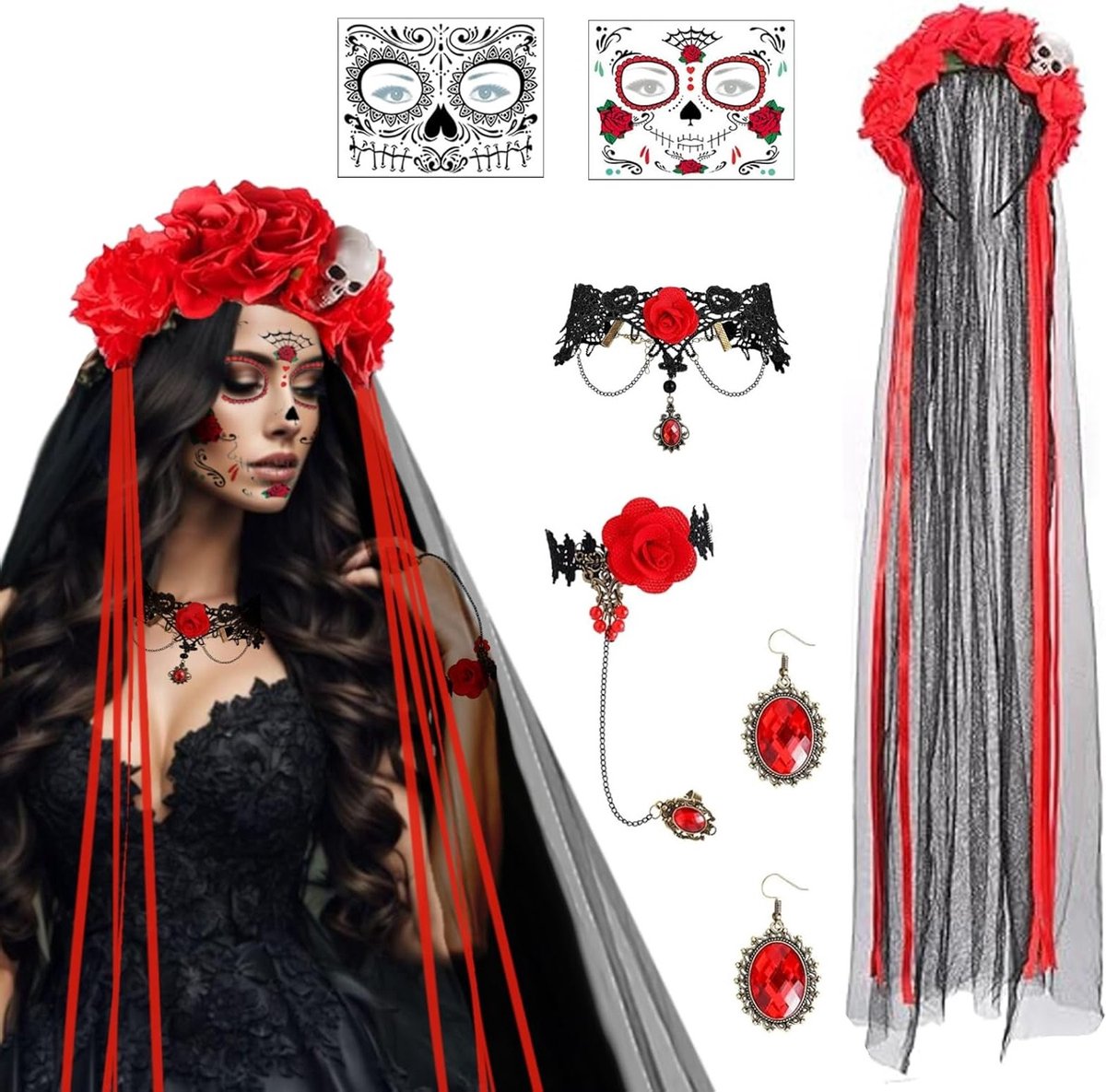 Halloween Day of the Dead Kostuumaccessoires voor Dodenherdenking, Rozen, Schedel Haarband, Sluiers, Gezichtstatoeages, Gotische Sieraden voor Carnaval en Halloween