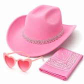Ensemble Cow-girl Rose avec Chapeau à Paillettes - Chapeau de Cowboy, Lunettes de Soleil Cœur et Bandana - Accessoires de Fête 3 Pièces - Fête d'Été - Fête à Thème