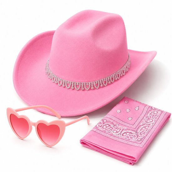 Chapeau de cowboy rose avec bande à paillettes, lunettes de soleil cœur roses et bandana rose à imprimé cachemire.