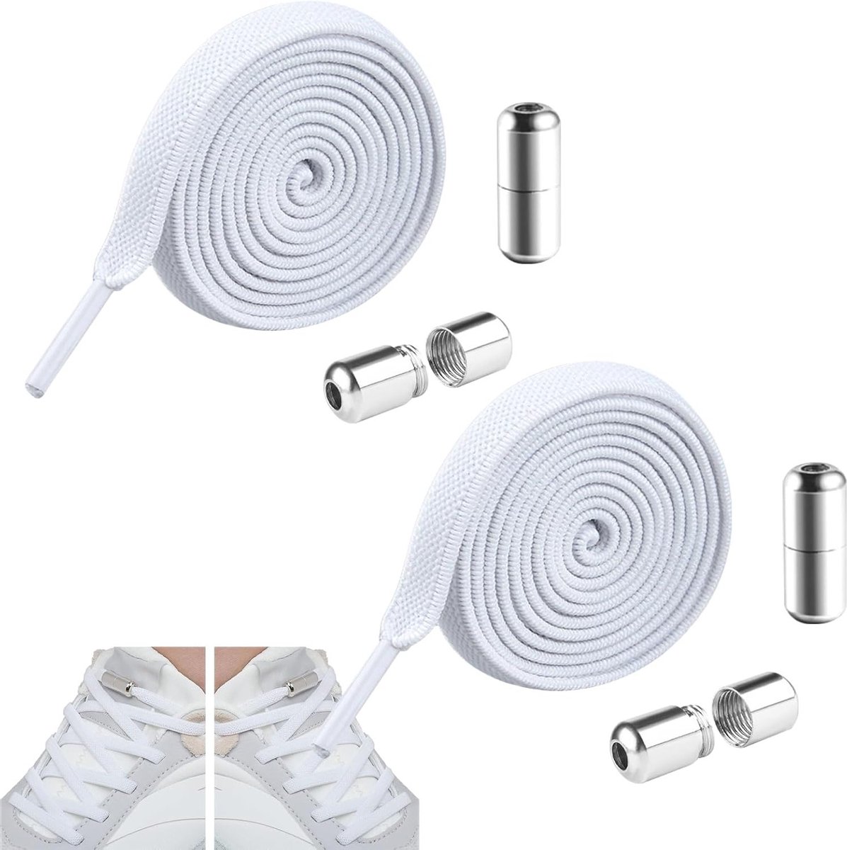 Elastische Veters voor Volwassenen en Kinderen, Wit, Knopenloos, Makkelijk op Maat te Snijden, Plat met Metalen Eindstukken, Ideaal voor Sneakers en Sportschoenen