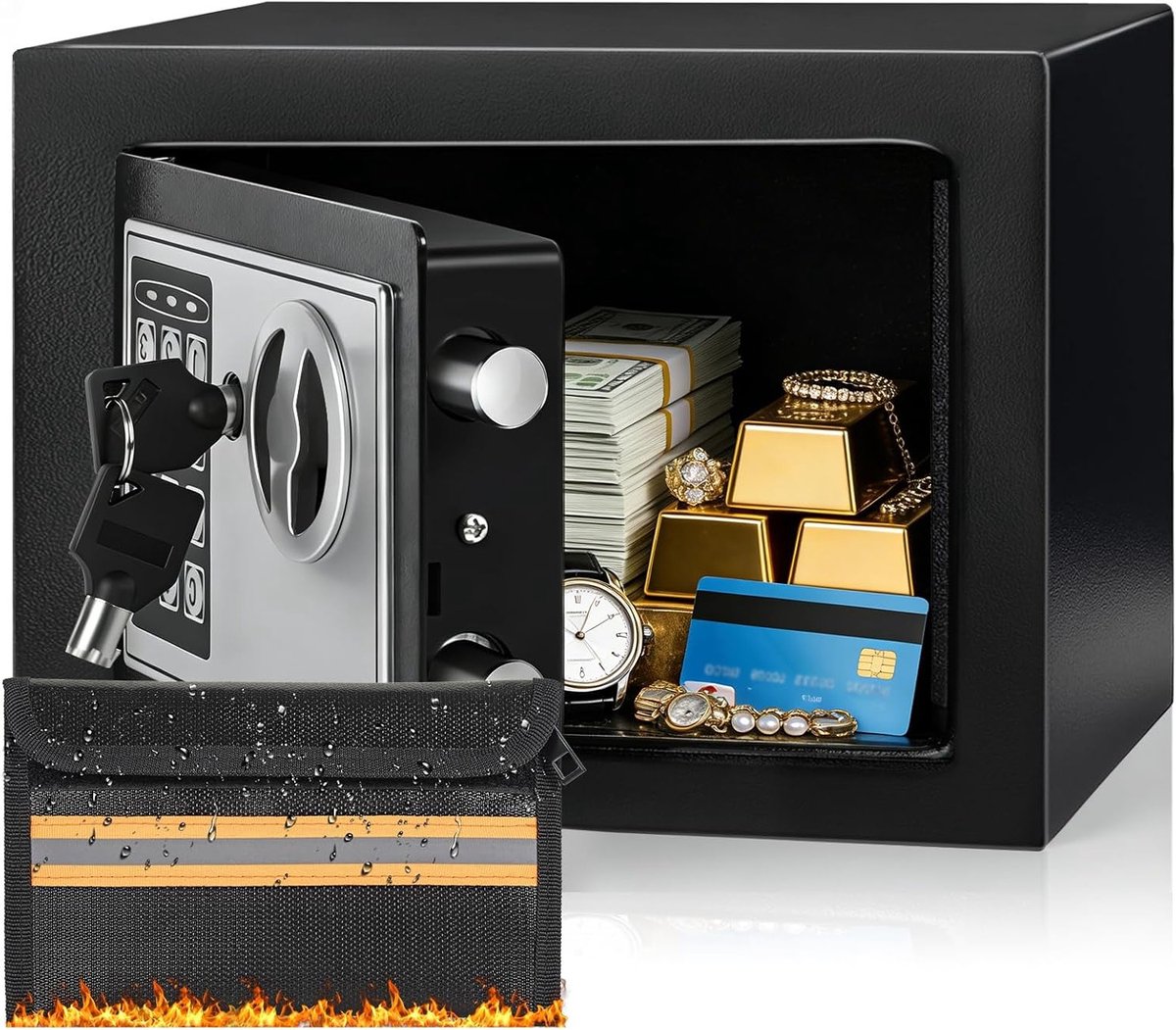 Digitale Elektronische Kluis van 6.6L met Brandwerende Geldtas, Stalen Veiligheidskluis met Toetsenbord en Sleutels, Ideaal voor Geld, Sieraden, Medicijnen en Documenten