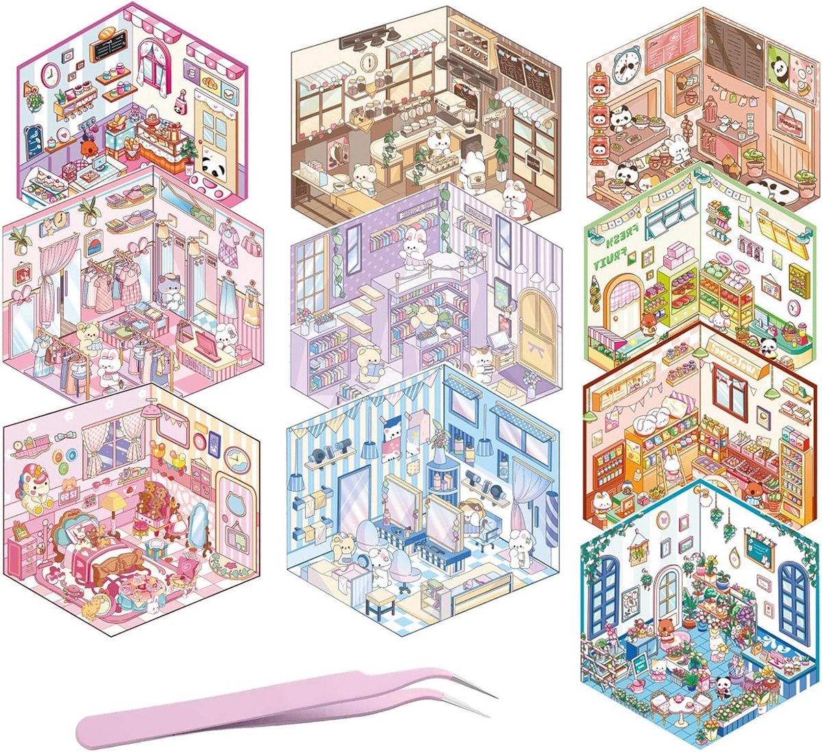 10 Stuks 3D Muurstickers voor Thuisdecoratie - Miniatuur DIY Stickers met Pincet voor Stressverlichting en Creatieve Activiteiten voor Kinderen en Volwassenen