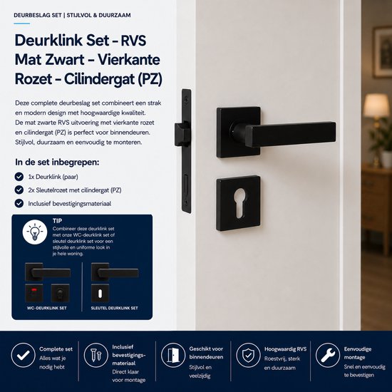 Mat zwarte deurklinkenset met vierkante rozetten en cilindergat. Bevat deurklinken, rozetten en bevestigingsmateriaal.